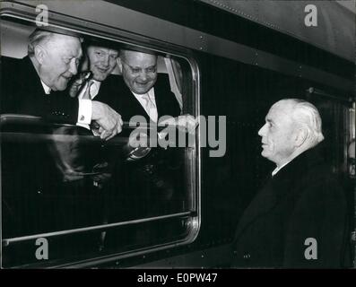Jan. 01, 1957 - Photo shows Chancellor Adenauer and Ernst Rochling ( Rochling ) proprietor of the Rochling-foundary, having s short discussion in volklingrn/Saar when Adenauerds special-train passed the station on its way to Sarrbrucken where the German chancellor took part in the festivities on account of the political return of the Saar to Germany. Stock Photo