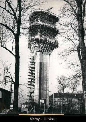 Jan. 01, 1957 - Photo shows The most modern tower for wire-less telephone and television-service has been errected in Munich, now. This 45 metere (about 135 ft) high building serves wireless telephony, exchange of TV-emissions to Austria and telephony with autocare. Stock Photo