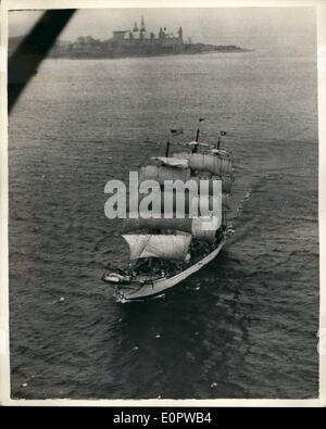 Mar. 03, 1957 - Danish training ship returns to Copenhagen.: after an absence of several months, the Danish training ship ''Denmark'' returned to Copenhagen recently, The ''Denmark'', which has been on the traditional training cruise with young seamen-to-be, has toured most of the world. Photo shows Aerial view of the ''Denmark'' in the Sound, with Krnberg Castle in the background. Stock Photo