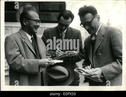 Apr. 04, 1957 - Japanese envoy visits the foreign office with his appeal to stop Nuclear tests.: Mr. Masatoshi Matsushita, personal representative of the Japanese Prime Minister has arrived in Britain with an appeal to Mr. Macmillan to suspend the nuclear tests which are to take place on Christmas Island. Mr. Matsushita said Japan was protesting about the tests largely on moral grounds. This morning he paid a visit to the Foreign Office where he was expected to meet Commander Noble, Minister of State for Foreign Affairs. Photo shows Mr Stock Photo