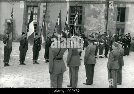 Apr. 04, 1957 - General Speidel takes over : Germany's general speidel appointed commander - in -chief of NATO's forces centre Europe tool over at Fontainebleas H.Q. today. Photo shows General Speidel escorted by French General valluy, commander of allied forces centre Europe, inspecting the troops at Fontainebleau this morning. Stock Photo
