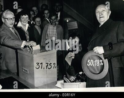 Sep. 09, 1957 - Of all the votes given at the election the CSU (Christian Social Union) received 50,18 % of all votes and will be for the next four years the strongest party in the Bundestag. The SPD (Socialdemocratic Party of Germany) received 31, 75 % of all votes and is therefore the second party and at the same time the opposition. Photo shows SPD party leader Erich Ollenhauer votes, (left photo) with the smile of victory on his lips the Chancellor Konrad Adenauer is leaving the polling station after giving his vote. He is the CSU party-leader, (right) Stock Photo