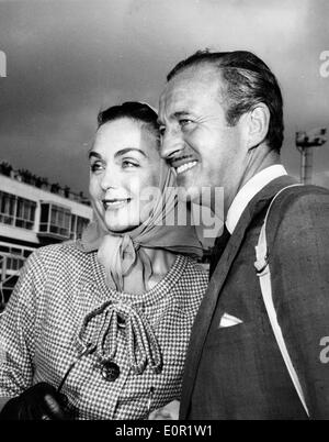 Actor David Niven and wife Hjordis Tersmeden arrive in Nice Stock Photo