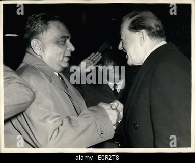 Oct. 10, 1957 - President of Pakistan Arrives. Major General Iskander Mirza, the President of Pakistan, who is on a European tour - arrive at London Airport. He was accompanied by his wife. Keystone Photo Shows:- Major General Iskander Mirza, the Pakistan President (left), being greeted at London Airport by Viscount Alexander. Stock Photo