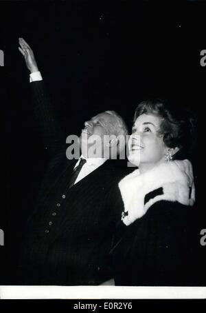 Oct. 25, 1957 - Last night at the Gaumont Palace, Charlie Chaplin (left) presiented his latest film, ''A King in New York.'' Here he is with the leading lady of the film, Dawn Addams. Stock Photo