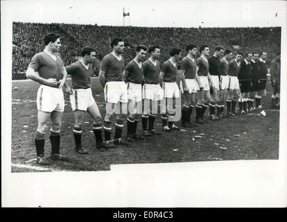 Feb. 02, 1958 - The tragedy of Manchester United Football team. About to start their match with red star - Belgrade.: Photo shows members of the ill-fated Manchester United Football - team lines up on the pitch Immediately before strat of their match with Red Star - in Belgrade on Wednesday. It was on returning to Manchester from this match that the BEA aircraft carrying them crashed in Munich - resulting in the deaths of 21 passengers - many of them team member - and urtes to others. Stock Photo
