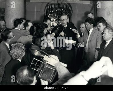 Apr. 04, 1958 - French Cabinet Crisis: Bidault fails Pleven takes over: After M. Bidault had failed in his efforts to form a new Cabinet, M. Rene Pelven has been entrusted by M. Coty with the task of trying in his turn to resolve the crisis. Photo shows M. Rene Pleven making a statement after his conference with President Coty this morning. Stock Photo