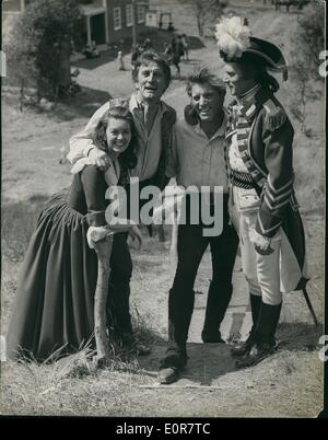 Jul. 07, 1958 - On the set of ''The Devil's Disciple'' shows Brut Lancaster, Sir Laurence Olivier, Janette Scott, Kirz Douglas The film directed by Burnard Shaw is a satire on the American was of Independence. Stock Photo
