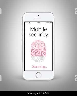 Directly front view of white modern smartphone with mobile security fingerprint scanning on the screen Stock Photo
