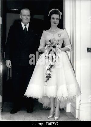 May 15, 1958 - 15-5-58 Duke of Rutland weds Ã¢â‚¬â€œthe wedding took place today at Caxton Hall, between Miss Frances Sweeney, 20-year old daughter of the Duchess of Argyll and the 38-year old Duke of Rutland. Keystone Photo Shows: The bride, wearing a blush-pink organza dress by Norman Hartnell, seen leaving with her father, Mr. Charles Sweeny, for the ceremony. Stock Photo