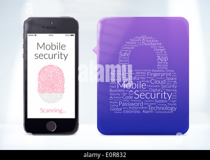 Directly front view of fingerprint scanning on smartphone screen with word cloud sticker about mobile security. Stock Photo