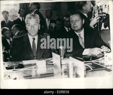 Jul. 07, 1958 - East-West Nuclear Tests Conference Opens in Geneva: The East-West conference on nuclear tests detection has opened at the Palace of Nations in Geneva. Many countries, including Great Britain and Soviet Russia are taking part. Photo shows Mr. Tzarpkin (U.S.S.R.) left and Prof. Simaner (Gzechoslovakia) seen at the Conference. Stock Photo