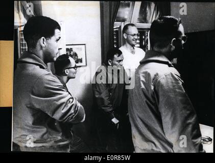 Jul. 07, 1958 - Press conference with US helicopter crew in Dresden. During a press conference (July 2, 1958), besides representatives of the communist papers , also a correspondent of the Western press had been able to visit the helicopter crewin Dresden. Our picture shows some officers of the helicopter crew in their sleeping room, talking to the Western correspondent, Seymour Topping . (not shown on the picture Stock Photo