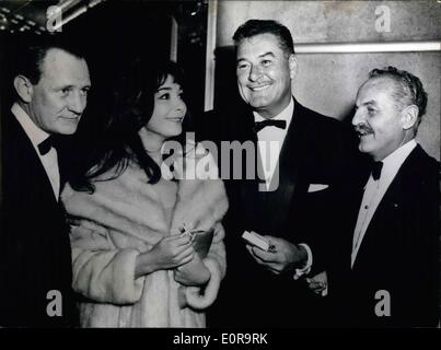 Oct. 18, 1958 - Film premiere in New York. All the main cast of the Daryl F. Zanuck film ''The Roots of Heaven'' came to the premiere on Broadway in New York. Pictured from left to right: Trevor Howard, Juliette Greco, Errol Flynn, and producer Daryl F. Zanuck. Stock Photo