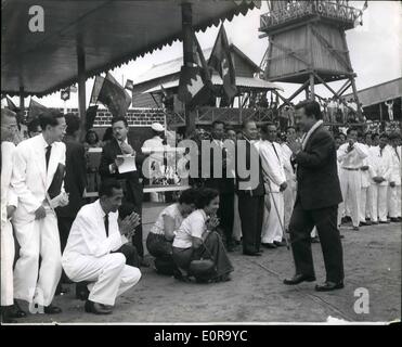 Sep. 09, 1958 - Prince Norodom Sihanouk returns to Cambodia. Prince Norodom Sihanouk, Prime Minister of Cambodia returned to his capital recently, at the end of his seventeen day tour, visiting fellow neutralist and subscribers to the ''Pancha Shila'' formula of peaceful coexsistence in New Delhi, Rangoon and Peking. His call on the leaders of Red China followed the recognition at the end of July of the Peking Government by Cambodia. Keystone Photo Shows: In national style, Prince Norodom Sihanouk answers the greeting of local people, on his arrival at Pochentong airport. Stock Photo