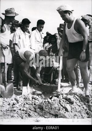 Sep. 09, 1958 - Prince Norodom Sihanouk inaugurates his ''Working'' policy in Cambodia. Under the leadership of prince Norodom Sihanouk, prime a Minister of Cambodia - 30,000 Cambodian a took part in the construction of a 13 KM long road linking the village of Dangkor and Wat Sleng, about 20 Km from the capital. This was the inauguration of the prince's ''Orking Policy'' - under which all government officials including princess - M. Ps - Soldiers - police etc. Must spend one month a year at manual labour - in the fields or factory Stock Photo