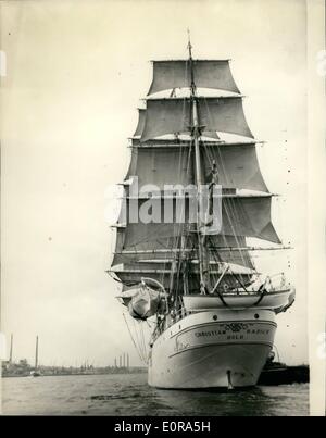 Sep. 09, 1958 - The ''Christian Radich'' visits London.:The three-masted square rigged Norwegian sailing ship ''Christian Radich'', which is one of the stars of the Cinemiracle film ''Windjammer'', now being shown in London at the Odeon Cinemiracle Theatre, sailed up the Thames today from Gravesend, to berth at the West India Docks, for four days, during which time Londoners will be allowed aboard.The Ship is manned by 74 cadets with Captain Kjell in command. Photo shows view of the Christian Radich, as she left Gravesend, where she arrived last night, on her way to London today. Stock Photo