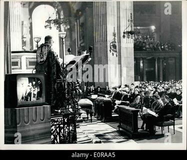 Nov. 11, 1958 - Service at Dedication of American Chapel in St. Paul's Cathedral: Photo shows scene during the service which preceded dedication of the new American Chapel in St. Paul's Cathedral today. The Canon-in-residence reads the lesson - with facing him in front row Right to left Mr. Richard Nixon (American Vice President); Mrs. Nixon; H.M.The Queen; Princess Royal; Duchess of Kent; and Princess Alexandra of Kent. Note the 21inch television set on left. It was one of ten installed so that all those in the congregation could see the ceremony clearly. Stock Photo