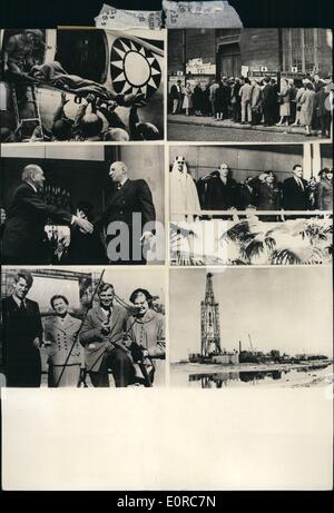 Dec. 12, 1958 - Events Of The Years: From Top to bottom and from left to right: Chinese Nationalists evacuating the wounded at Quemoy. Parisians Queuing at polling stations during referendum. General De Gaulle elected president of the French republic being welcomed to Elysee Palace by President Coty. Birth of the United Arab republic in Cairo: From left to right: King Seud of Arabia; President Chamoun of Lebanon; King Hussein and Colonel Nsser. Hillary and Fuchs welcomed by their wives on approval in London. Oil Derrick in Sahara. Stock Photo