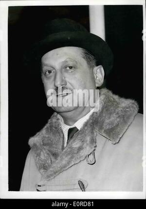 Feb. 02, 1959 - Greek Foreign Minister arrives, Cyprus plan reported: The Greek Foreign Minister Mr. Averoff arrived at London Airport this evening from Zurich after agreeing with his Turkish Counterpart Mr. Zorlu on a new plan for Cyprus. He was greeted by Mr. Selwyn Lloyd. Photo shows Mr Averoff on his arrival at London Airport this evening. Stock Photo