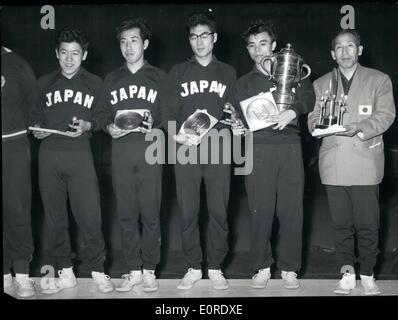 Apr. 04, 1959 - World Championship in Table Tennis 1959 in Dortmund / Germany In the World Championship in Table Tennis 1959 which was held from March 27th till April 5th, 1959 in Dortmund/Germany on March 31st the title of the Team-World champion was given to the Japanese teams, both women and men team. The women were able to beat the Korean team after hard combat, and the men beat the Hungarian team (2nd) 5:1. O.p.s:- The male team of the Japanese World-Champion (left to right) Seiji Narita, Nobuya Hoshino, Teruo Murakami, Ischiro Ogimura who has twice been world-champion, and their trainer Stock Photo