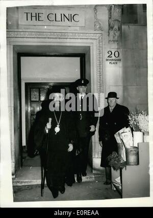 Feb. 19, 1959 - Agreement on Cyprus signed. Archbishop Makarios visits Mr. Menderies.: After the signing of the agreement on Cyprus at Lancaster House today, Archbishop Makarios went to the London Clinic to see Mr. Menderes, the Turkish Premier, who is recovering from his air crash. Photo shows Archbishop Makarios seen leaving the London Clinic this evening. Stock Photo