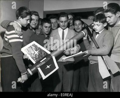 Feb. 21, 1959 - Boys like to play with rockets; Also rocket specialist von Braun who is well known now liked to play as boy with rockets. Boys in Bonn founded a rocket club. They want together to work out the theoretical supposition for their modern hobby. And then they go out of the town. There they will have a little practice. Not much the self constructed things can fly. Stock Photo