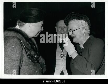 Apr. 04, 1959 - Luncheon In Honour Of Mrs. Eleanor Roosevelt: A Foyles Literary Luncheon was held at the Dorchester Hotel this afternoon in honour of Mrs. Eleanor Roosevelt - and the publication of her autobiography ''On My Own''. Photos shows L-R:- Mrs. Roosevelt talking to Lady Churchill - with the Lord Mayor in centre at the luncheon this afternoon. Stock Photo