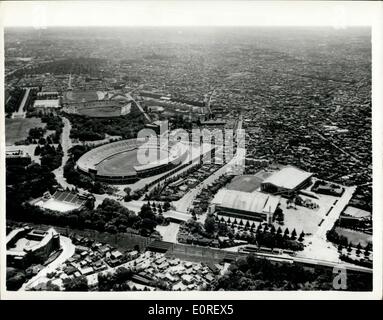 May 28, 1959 - Japan Will Stage The 1964 Olympic Games: The international Olympic Committee, meeting in Munich, decided that the 1964 Olympic Games will be held in Tokyo - the first to be held on Asian soil. Photo Shows: View of the sports area in Meiji Park, Tokyo, which would be used for track events at the 1964 Olympics. Centre is the main stadium, to the left are two other stadiums, now used for baseball and rugby, and tennis courts to the left of them. In the foreground is a huge swimming pool, gymnasium, and running track. Stock Photo