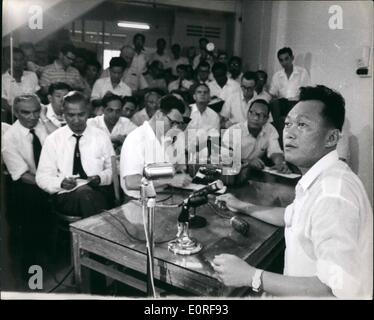 Jun. 06, 1959 - People's Action Party gives first press conference in Singapore; The People's Action party, which had a sweeping victory in the recent Singapore general election, gave their first press conference at its headquarters in Singapore on Monday. At the conference Mr. Lee Kuan Yew, the Prime Minister designate had said that the P.A.P. would not form a government if the Governor, Sir William Goode refused to release their comrades in Changi Jail under the Public Preservation Security Ordianance. The eight men are now due to be released today (Thursday). Photo Shows Mr Stock Photo