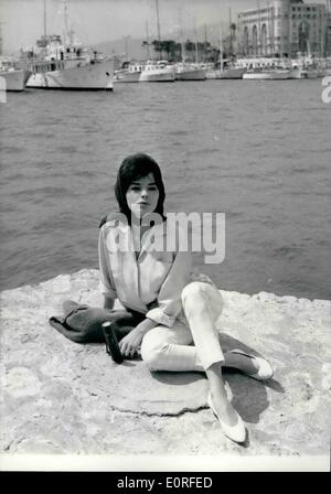 May 05, 1959 - Cannes Film Festival; Photo Shows Pascale Petit who is one of the big attractions at the festival this year photographed on the beach yesterday. Stock Photo