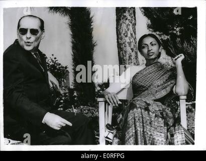 May 05, 1959 - Sonali Das Gupta in Rome: Photo shows Son Ali Das Gupta pictured at a villa near Rome, with Italian producer Roberto Rossellini, after her arrival form Paris where she went after attending the Cannes Film Festival with Rossellini to see his latest Film, :India''. Rossellini had returned to Rome some days earlier. Stock Photo