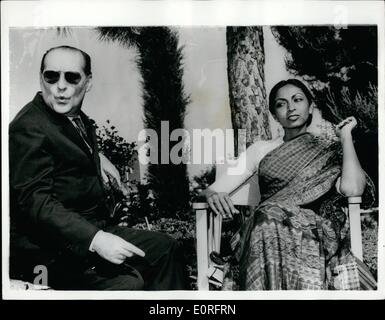 May 05, 1959 - Sonali Das Gupta in Rome: Photo Shows Sonali Das Gupta pictured at a villa near Rome, with Italian producer Roberto Rossellini, after her arrival from Paris where she went after attending the Cannes Film Festival with Rossellini to see his latest Film ''India''. Rossellini had returned to Rome some days earlier. Stock Photo
