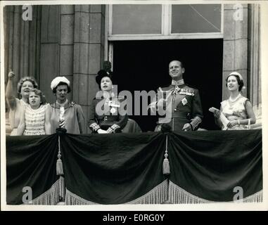 Jun. 06, 1959 - Trooping the Colour Ceremony. Royal family watch fly past.: H.M. The Queen today took the salute on Horse Guards Parade, at the Trooping the Colour ceremony,held to mark her official birthday. Photo shows watching the fly-past of 16 R.A.F. Hunter fighters, which followed today's Trooping, are (L to R): The Queen Mother, Princess Anne, the Duchess of Kent, H.M. the Queen, the Duke of Edinburgh and Princess Margaret. Stock Photo