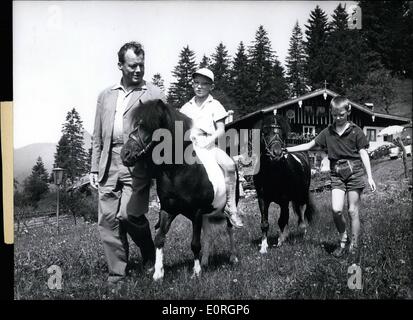 Jul. 07, 1959 - Making holiday is the governing mayor of Berlin Willy Brandt, together with his wife and his two sons in the Fontasch farm in upper Bavaria. The family will stay here for four weeks and they want to make trips to Austria, South Tyrol and on the mountain Wendelstein and also want to spend a few days in a hunting cottage. Keystone Munich, July 23rd, 1959. Stock Photo