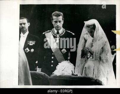 Jul. 07, 1959 - Prince Albert Weds Princess Paola: Prince Albert Of Liege, heir-presumptive to the Belgian throne, was married in Brussels today to Italian Princess Paola Ruffo Di Calabria. A civil ceremony in the Empire Room of the Royal palace preceded a religious ceremony in the church of St. Michael and Stock Photo