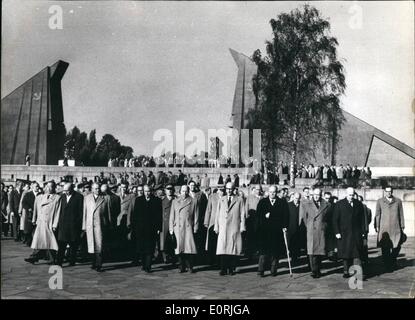 Oct. 10, 1959 - 10 years German Democratic Republic on Oct. 7th 1959: On occasion of the 10th anniversary of the foundation of the German Democratic Republic (East-Germany), party and government delegations who had come to Berlin to participate in the festivities for the anniversary honoured the Soviet soldiers who died during the war. Photo shows representatives of the East-German government and members of the foreign delegations at the Soviet memorial in Berlin. Stock Photo