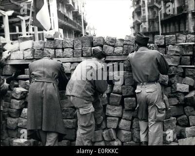 Jan. 01, 1960 - Revolt in Algiers: Photo shows ex-servicemen armed woth sub machine guns manning a barricade in the Rue Michelet, the insurgents strong hold. Stock Photo