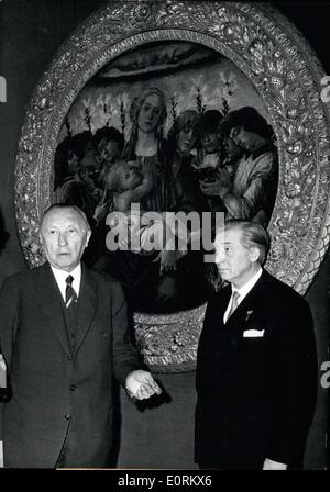 Jan. 01, 1960 - Chancellor Dr. Adenauer in Museum in Berlin DahiSm After having had talks with the Ruling Mayor of Berlin, Willy Brandt, in the morning of Jan.l2th, Chancellor Dr. ,Konrad Adenauer who is, at the moment, staying in Berlin, 'visited the Museum in Berlin Dahlem. He is seen here (left), together with the director of the sculpture department of the Museum, Dr. Peter Metz (PETER METZ) in front of the ''Berlin Madonna'' by Boticelli. This painting was bought by the West German federation for 2 Million Marks and given tothe museum in BerlinDahlem. Stock Photo