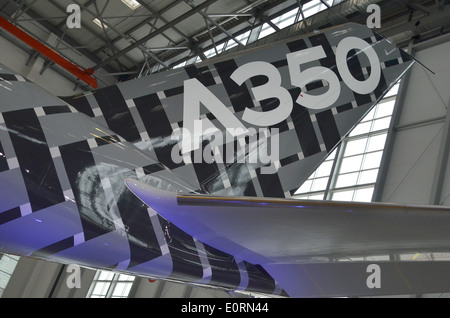 Tailfin of an Airbus A350XWB at the Airbus headquarters in Finkenwerder, Hamburg, Germany Stock Photo