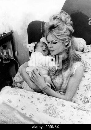 Actress Brigitte Bardot with her newborn son Nicolas Jacques Stock Photo