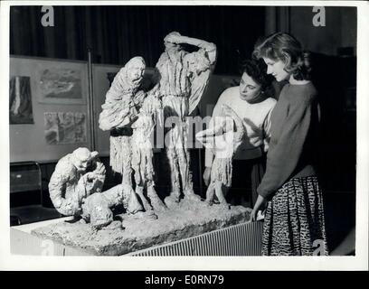 Jan. 20, 1960 - Lambeth Council;s First Schools Art Exhibition ''Te Refugees'': The Lambeth Council's first Schools Art Exhibition opened this morning at the Assembly Hall, Lambeth Town Hall. It includes paintings - drawings potato outs pottery - woodcarving etc. Photo shows ''The Refugees'' - the work of Veronica Ward an Maureen Carthcart - both and both of the Vauxhall Maner Secondary Modern School - at the exhibition today. Stock Photo