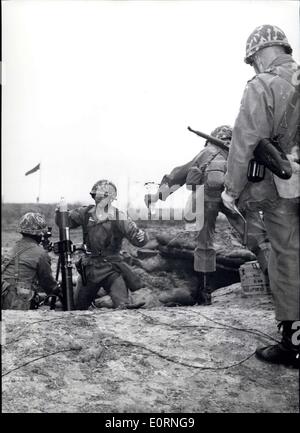 Mar. 05, 1960 - Sharp-shooting at the Zone border: Only 100 meters from the zone border at Berlin-Lichterfelde the 3. Battle Group of the 6th Infantry Regiment of the US-Command in Berlin held a sharp-shooting exercise with shell-casters. Photo shows The exercising soldiers of the US-Army. Stock Photo