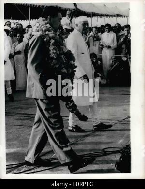 Apr. 04, 1960 - Chou Enlai arrives in Delhi. The communist Chinese Prime Minister , Chou En Lai , pictured arriving at Palam Airport , New Delhi, from Rangn, With him is the Indian Prime Minister , Mr.Nehru , met him at the airport. Stock Photo