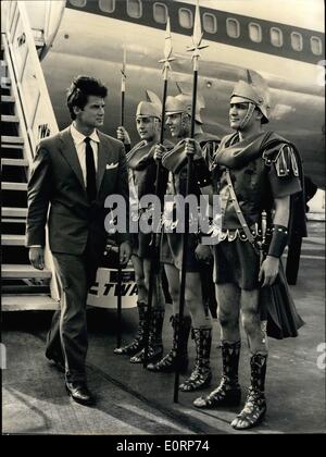 Apr. 04, 1960 - Roman Legionnaires To Welcome Steeve Reeves: The famous American actor Athlete Steeve Reeves arrived in Paris from this morning. He will attend the Paris Premiere of his film ''The Last Days Of Pompet''. Phot Shows Steeve Reeves greeted by friends dressed as Roman Legionnaires. Stock Photo