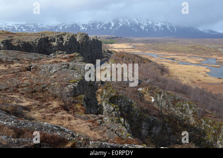 The Almannagjá rift between the American and Eurasian tectonic plates at Þingvellir, Iceland.