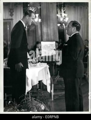 Mar. 03, 1960 - Duke Of Edinburgh Presents Film Awards: H.R.H. the Duke of Edinburgh, this evening presented the British Film Academy Awards, at a dinner at the Dorchaster Hotel, London. Photo shows. H.R.H. the Duke of Edinburgh, talks with Mr Sam Spiegel, after presenting an award at the Dorchester tonight. Stock Photo