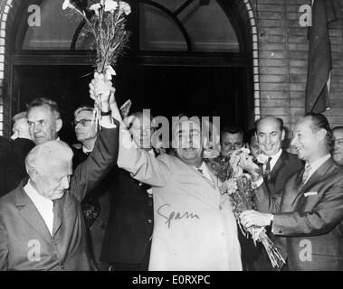 President Svoboda and Leonid Brezhnev hold flowers Stock Photo