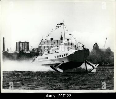 Jun. 06, 1960 - Full speed ahead for the Hydro-foilboat new Italian built craft in Copenhagen harbour: The so called Hydro-Foilboat the Italian built ''Sirena'' seen during a demonstration fun for the benefit of citizens of Copenhagen in the city's harbour.The craft which travels at more than 60 k.m.h will soon be on regular service between Stockholm and Mariehamn - Finland. This is to be followed by another craft which will ply between Copenhagen and Malmo. The craft moves more over the surface of the water than through it. Stock Photo