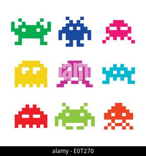 Space invaders, 8bit aliens icons set Stock Vector